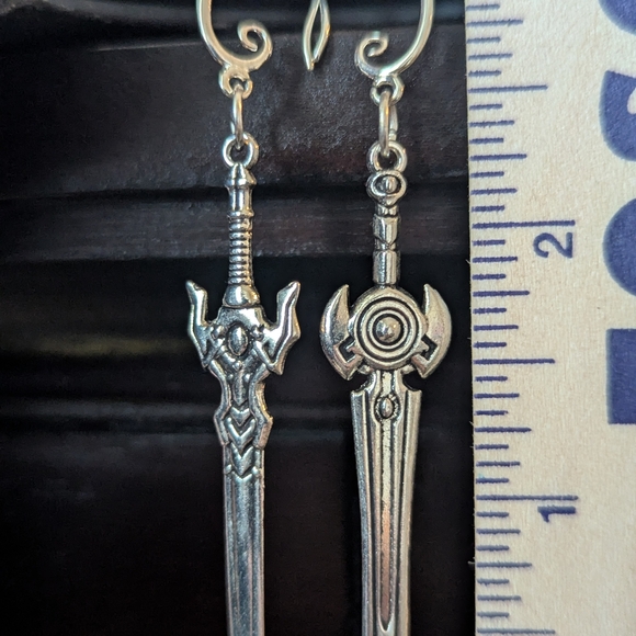Silver Sword Design Earrings with Intricate Detailing - Picture 2 of 4